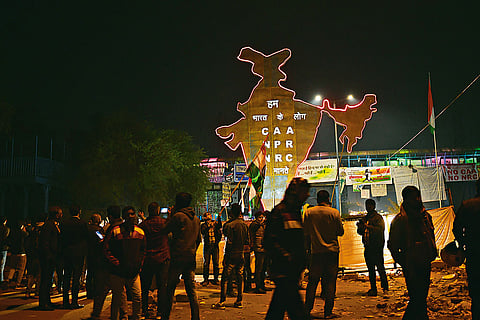 Sustained Resistance: Protesters raise a metallic structure representing the map of India, opposing the CAA, the NPR and the NRC at the Shaheen Bagh protest site in Delhi