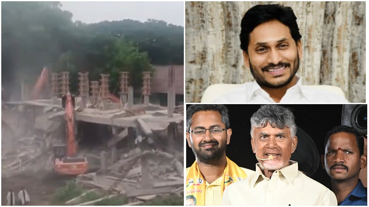 L: YSRCP under construction office demolished | R: Jagan Mohan Reddy, Chandrababu Naidu (D) - X/@ANI/@jsyagan/@ncbn