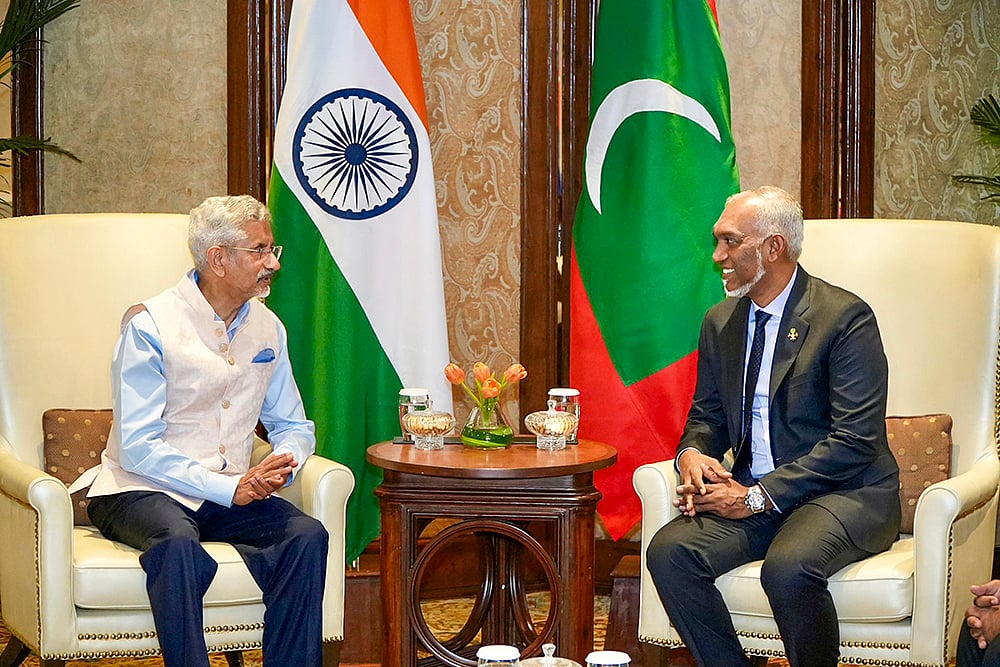 | Photo: PTI : Jaishankar with Maldives Prez Mohamed Muizzu