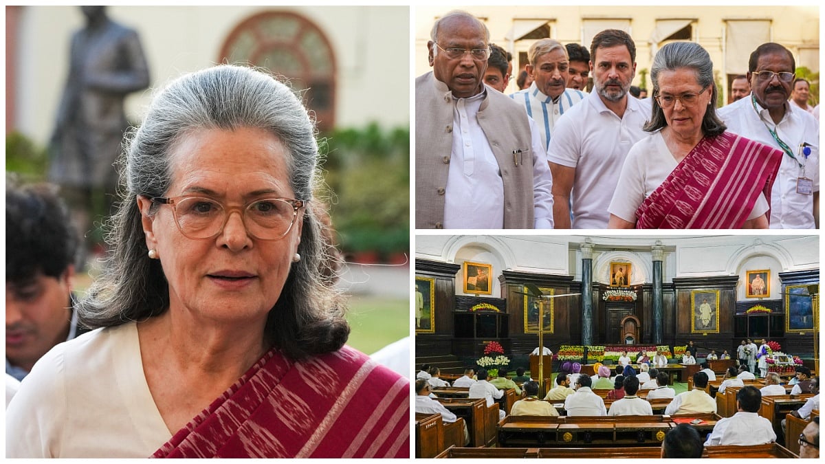 Congress leaders Sonia Gandhi, Rahul, Mallikarjun Kharge at others at the CWC meet. - PTI