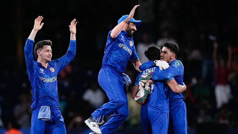 Afghanistan celebrate their historic victory over Australia at ICC T20 World Cup 2024, Super 8s in Kingstown. - AP/Ramon Espinosa