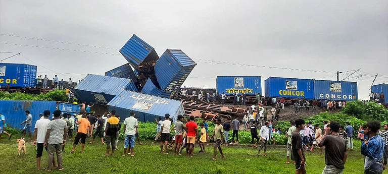 Visuals from the spot of the collision between Kanchanjungha Express train and goods train, - PTI