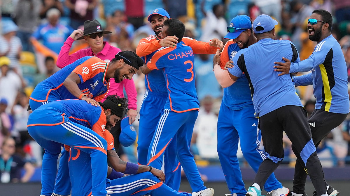 Indias players celebrate their win against South Africa. AP Photo
