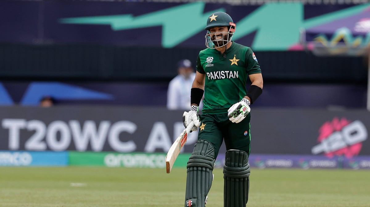 Pakistan's Mohammad Rizwan reacts after playing a shot during the ICC Men's T20 World Cup cricket match between Pakistan and Canada at the Nassau County International Cricket Stadium in Westbury, New York, Tuesday, June 11, 2024. 

 - (AP Photo/Adam Hunger)
