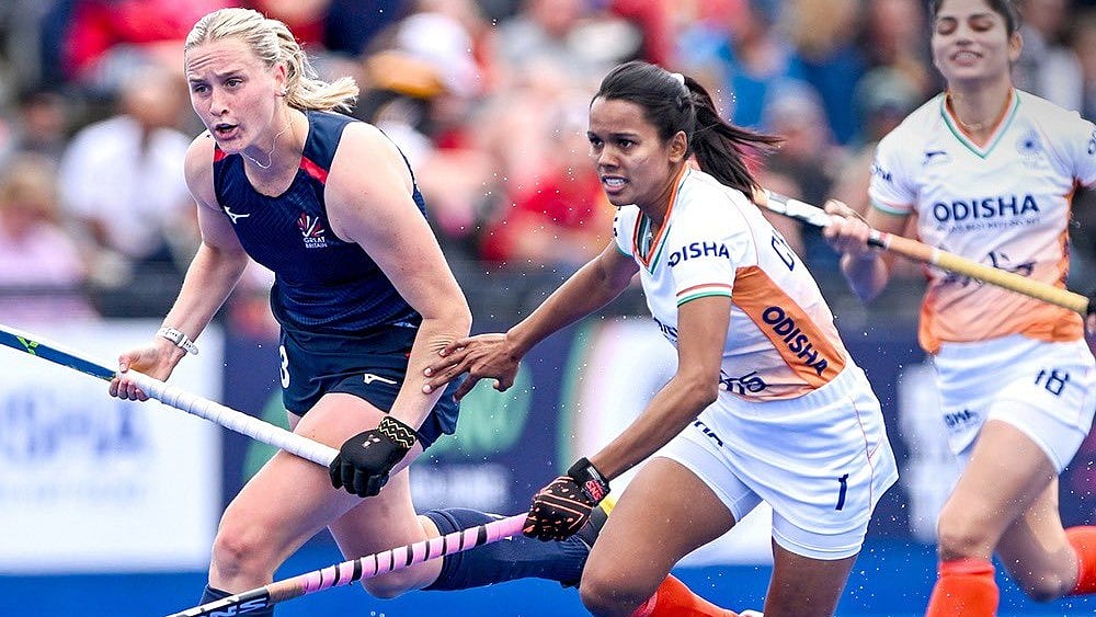 X | Hockey India  : A moment from India vs Great Britain FIH women's Pro Leagueplayed on June 9, Sunday in London. 
