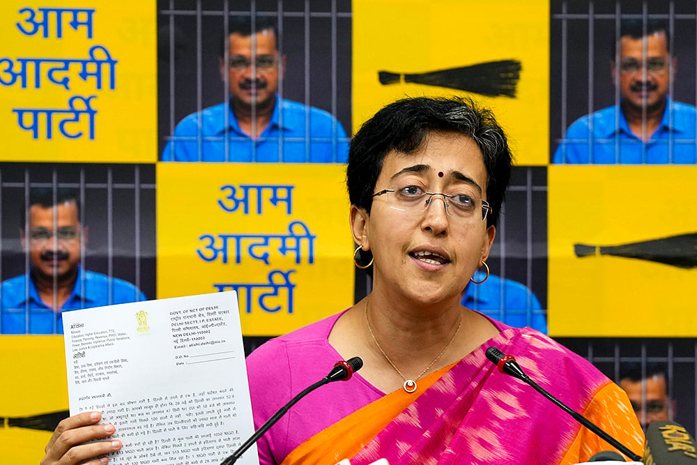 AAP leader Atishi addresses a press conference