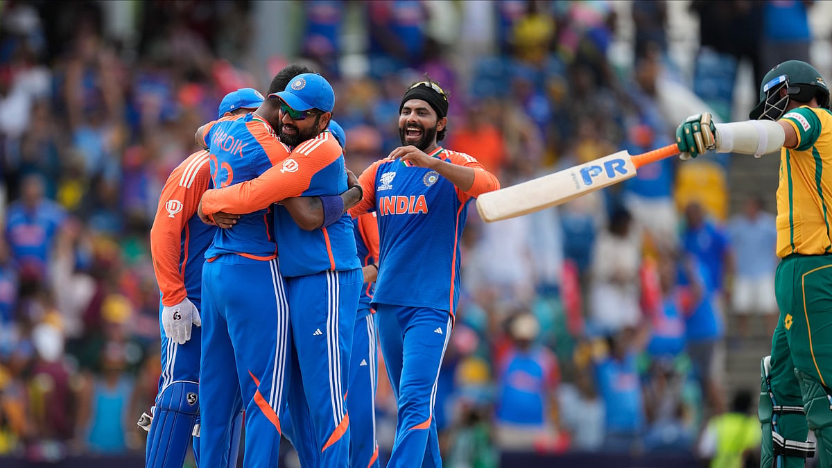 India's Hardik Pandya, second left, celebrates with teammates after their win against South Africa in the ICC Men's T20 World Cup final cricket match at Kensington Oval in Bridgetown, Barbados. - AP Photo/Ricardo Mazalan