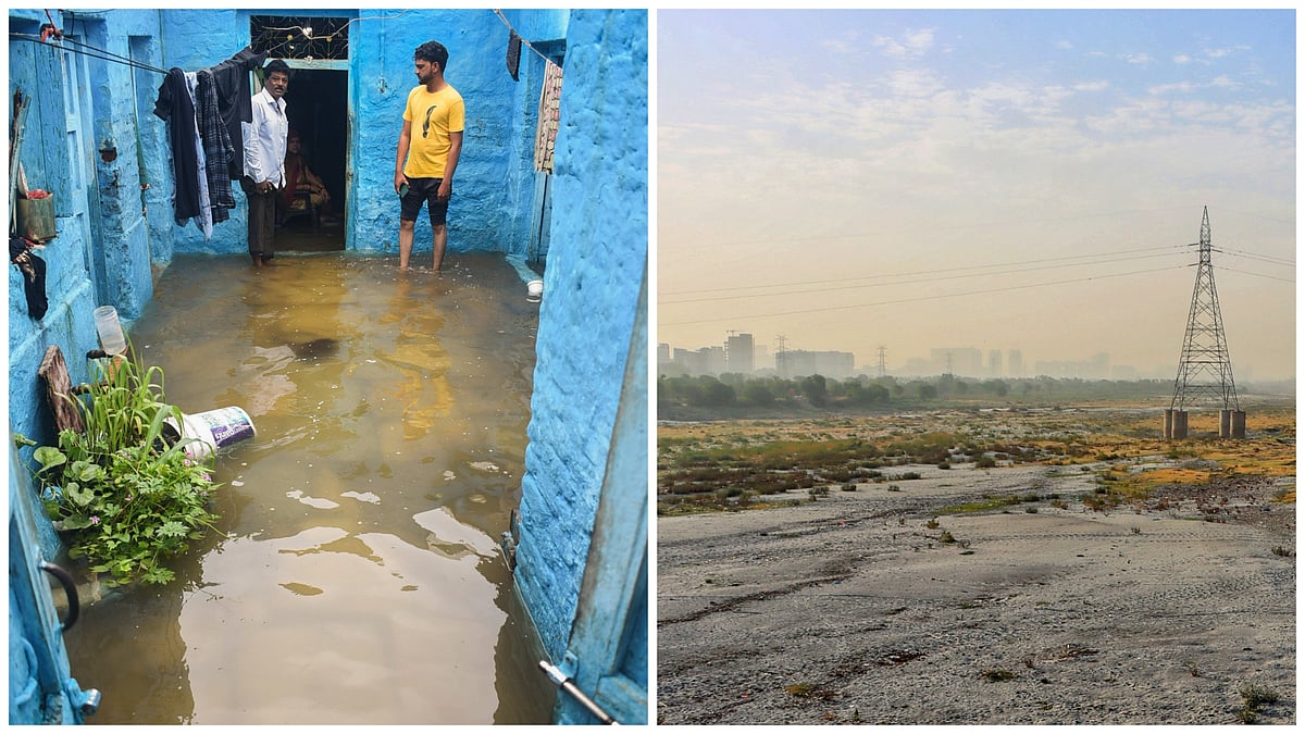 PTI photos : L: Waterlogging at a house after heavy downpour, in Solapur, Maharashtra | R: : A dried up riverbed of the Yamuna during the summer season, in New Delhi