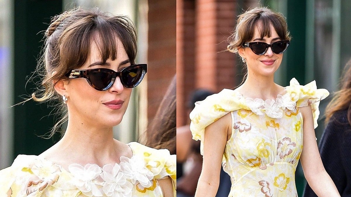 Twitter : The actor stepped out in a floaty yellow sundress while filming in New York City. 