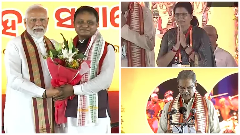 L: Majhi with PM Modi after taking oath | R: Deputy CMs Pravati Parida (U) and Kanak Vardhan Singh Deo - PTI/ANI