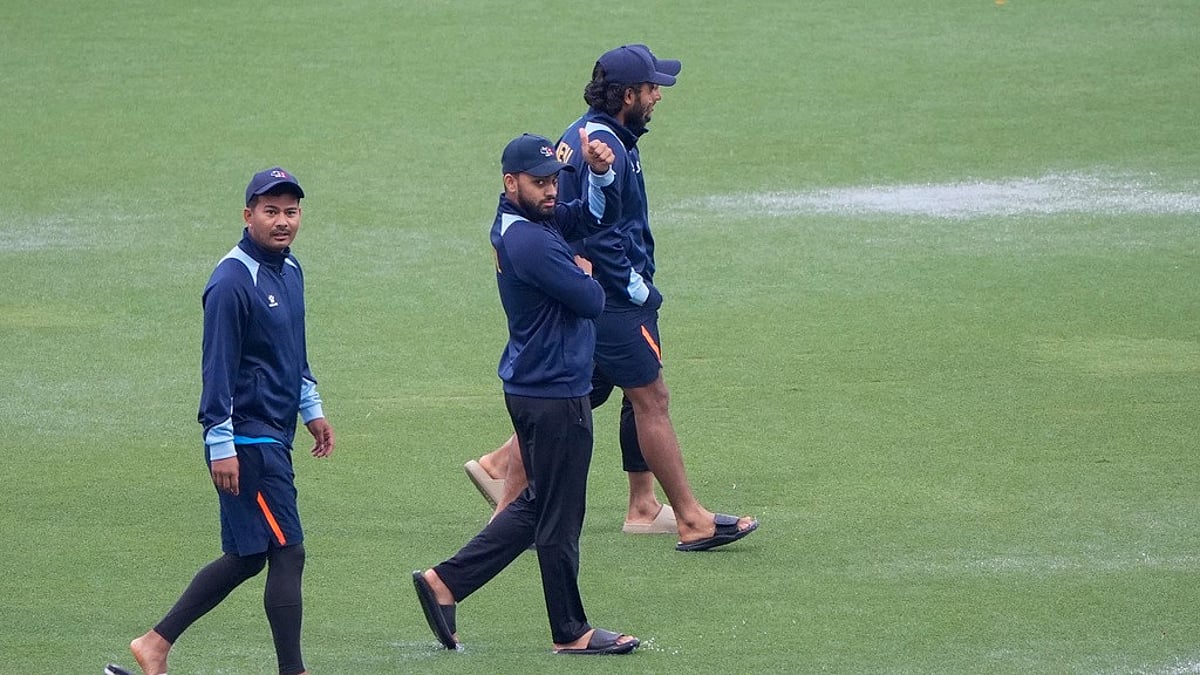 Players check outfield, Nepal vs Sri Lanka, ICC T20 World Cup 2024 match 23, Florida, AP photo
