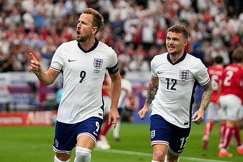Harry Kane celebrates after scoring a goal against Denmark