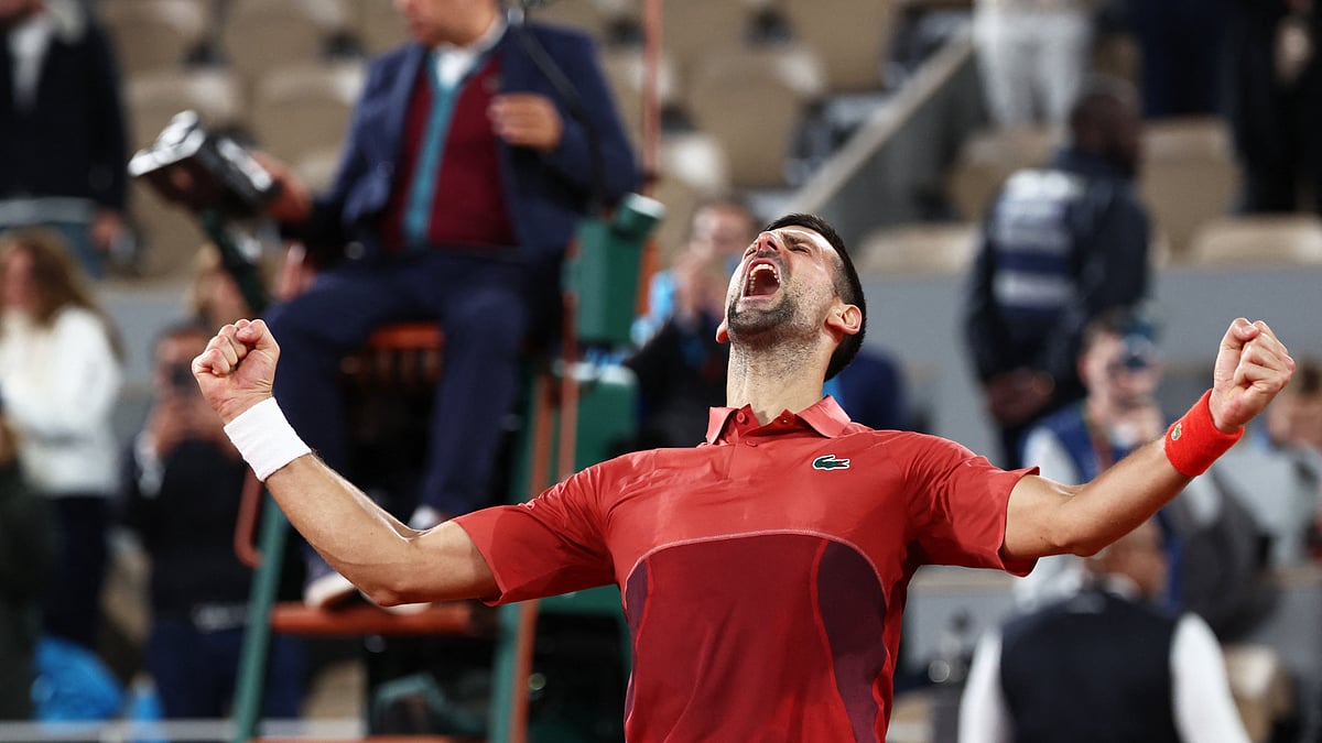 Novak Djokovic celebrates his win over Lorenzo Musetti at the French Open