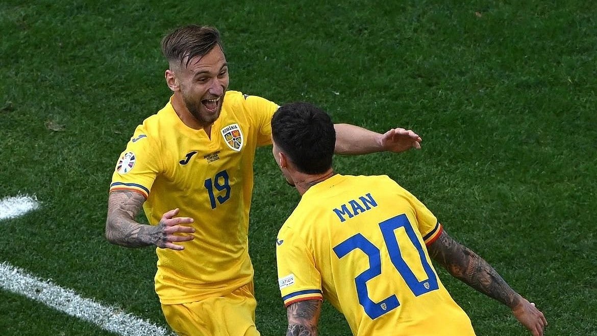 Photo: X/ @RoFtbl : Romanian player Dennis Man celebrating a goal against Ukraine in UEFA Euro 2024.
