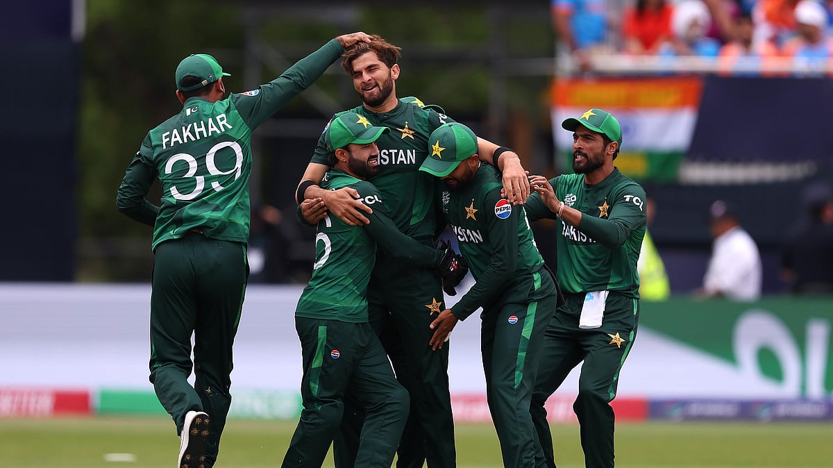 Pakistan cricket team players celebrating after taking a wicket against India in New York on Sunday. - Photo: X/ @T20WorldCup