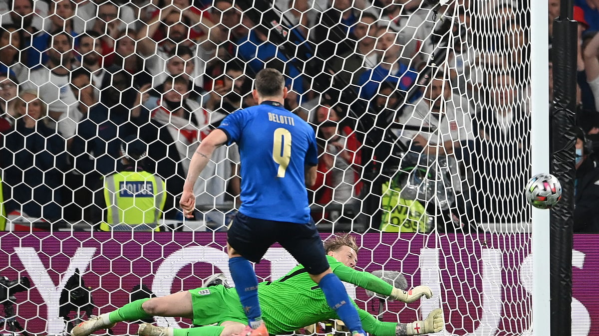 (Andy Rain/Pool Photo via AP, File)


 : FILE -England's goalkeeper Jordan Pickford saves a penalty shot y Italy's Andrea Belotti during the penalty shootout during the Euro 2020 soccer final match between England and Italy at Wembley stadium in London, Sunday, July 11, 2021. The penalty shootout is a tense battle of wills over 12 yards (11 meters) that has increasingly become a huge part of soccer and an unavoidable feature of the knockout stage in the biggest competitions. 