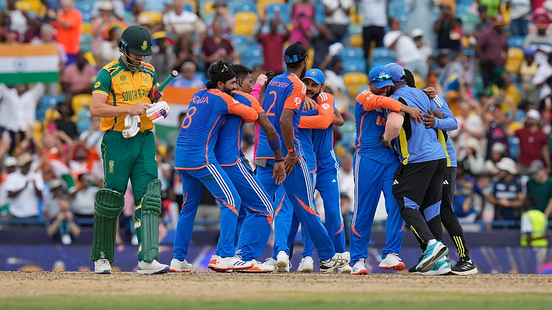 Indias players celebrate their win against South Africa in the ICC Mens T20 World Cup final. AP Photo