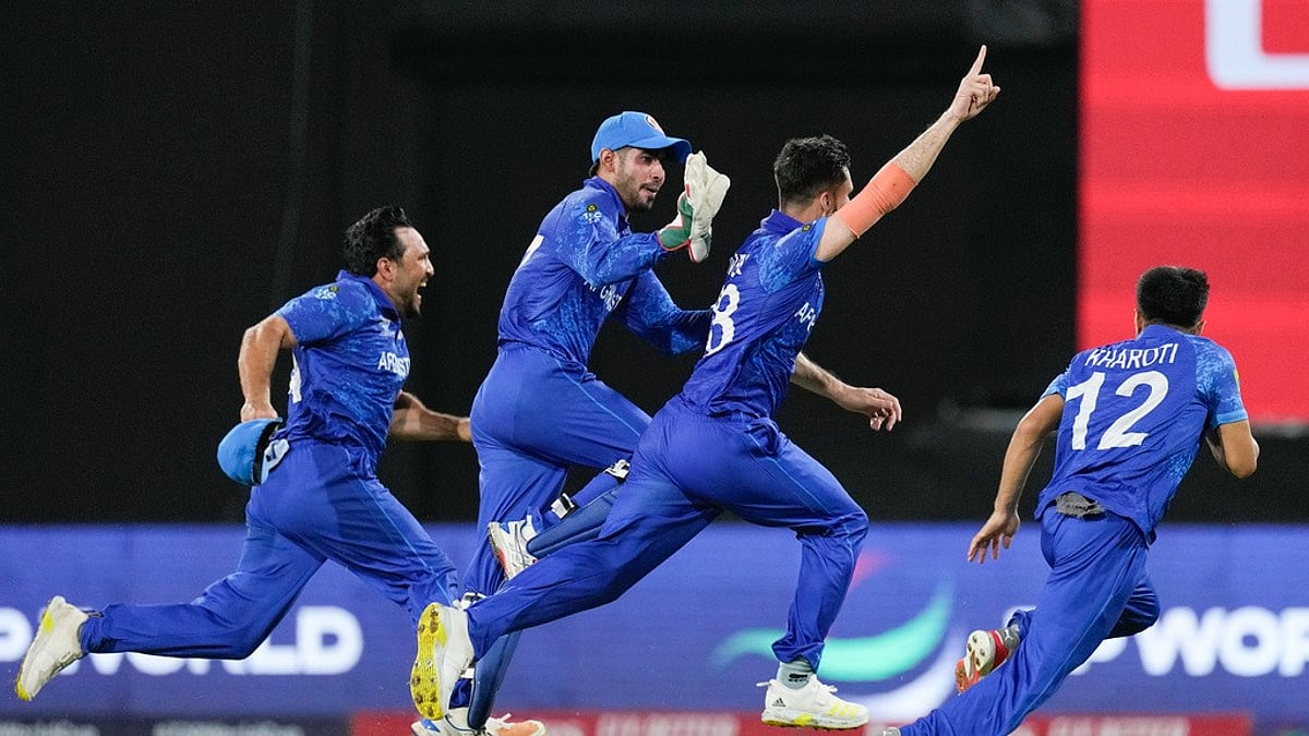 Afghanistan celebrate win over Bangladesh, ICC T20 World Cup 2024 Super 8, AP photo