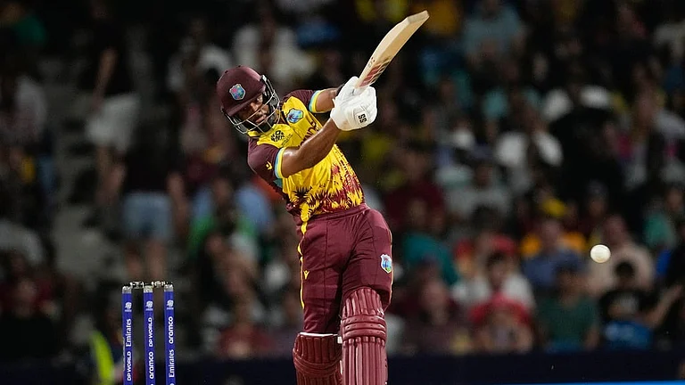 Shai Hope hits a big one during the USA vs West Indies, ICC T20 World Cup 2024 match in Barbados. - AP/Ricardo Mazalan