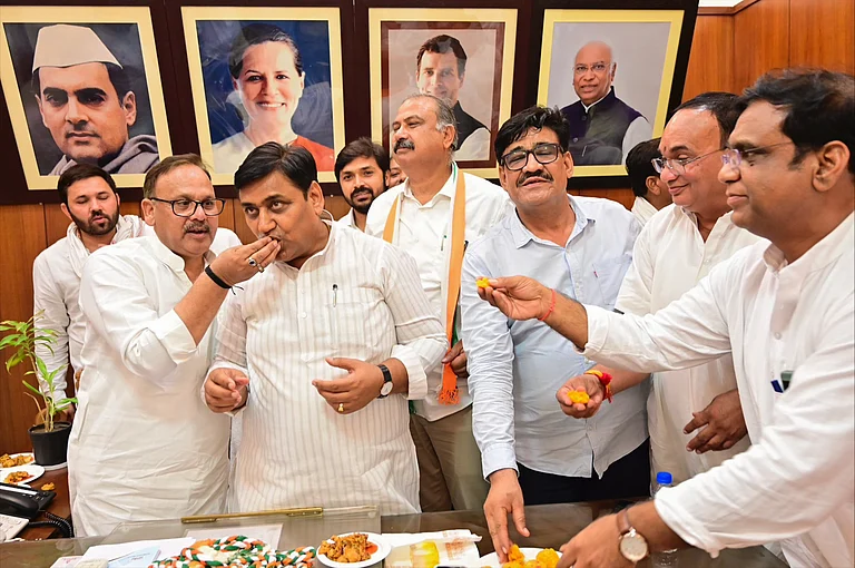 Rajasthan Congress chief Govind Singh Dotasra with party leader celebrates their gain in Lok Sabha polls during counting of votes, in Jaipur, Tuesday, June 4, 2024 - PTI