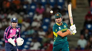 AP/Ramon Espinosa : Marcus Stoinis bats during the Australia vs Scotland, ICC T20 World Cup 2024 match in St Lucia.