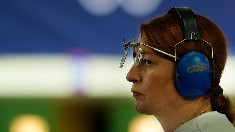 Georgia's Nino Salukvadze competes during the 10m air pistol women's qualification round at the 2024 Summer Olympics, Saturday, July 27, 2024, in Chateauroux, France. - AP/Manish Swarup