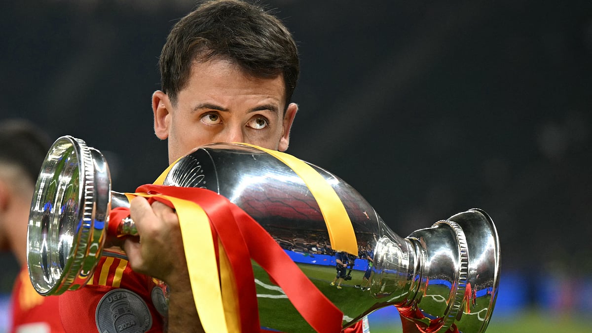 Mikel Oyarzabal celebrates with the European Championship trophy on Sunday.