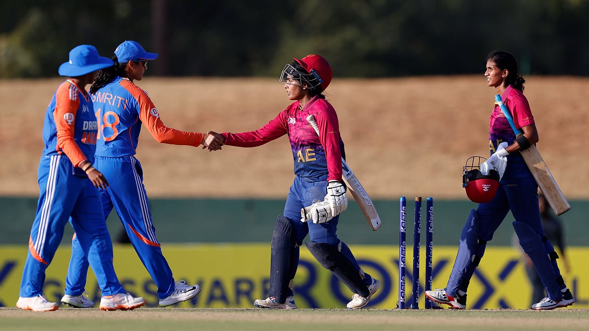Photo: ACC : India women team players shaking hands with UAE women players after the match in Dambulla.