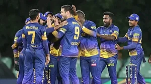 Photo: X/ @ImThimira07 : Jaffna Kings players celebrating the victory over Kandy Falcons in Qualifier 2 of the LPL 2024.