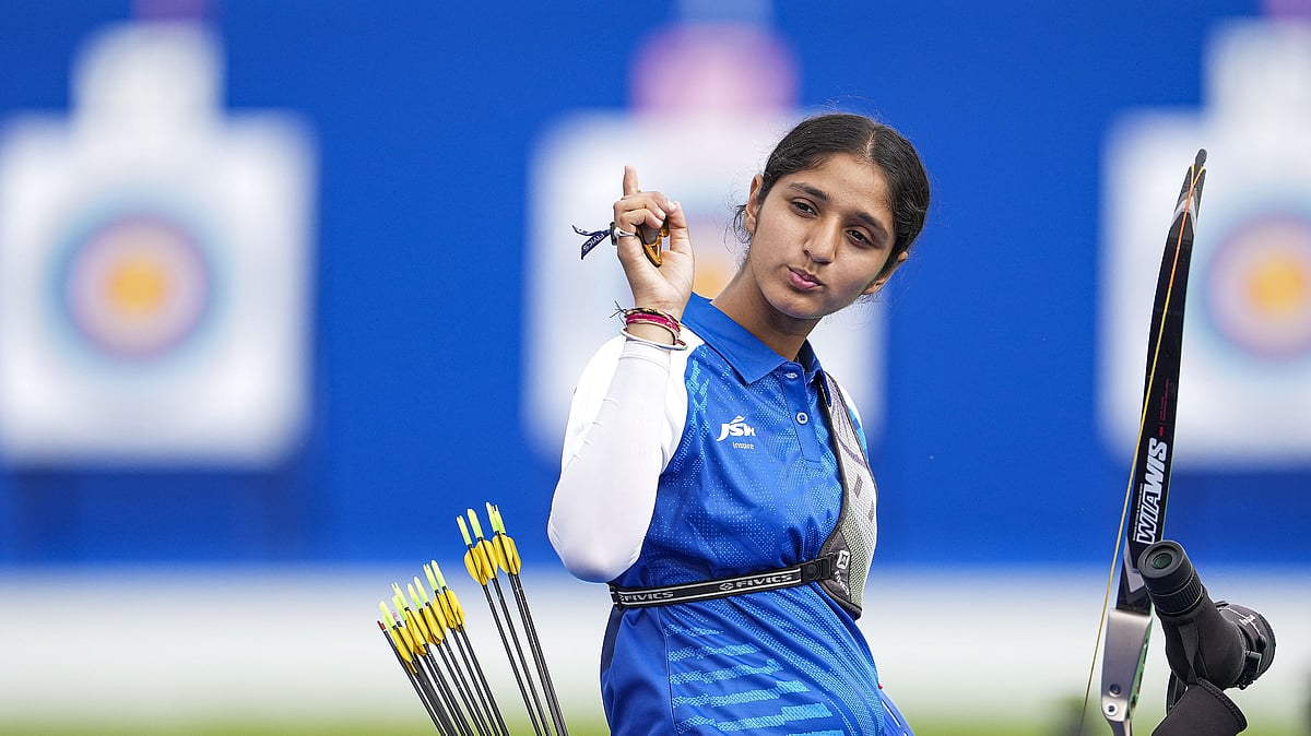 PTI : Bhajan Kaur in action during the women's individual archery ranking round at Paris Olympic Games 2024 on Thursday (July 25).