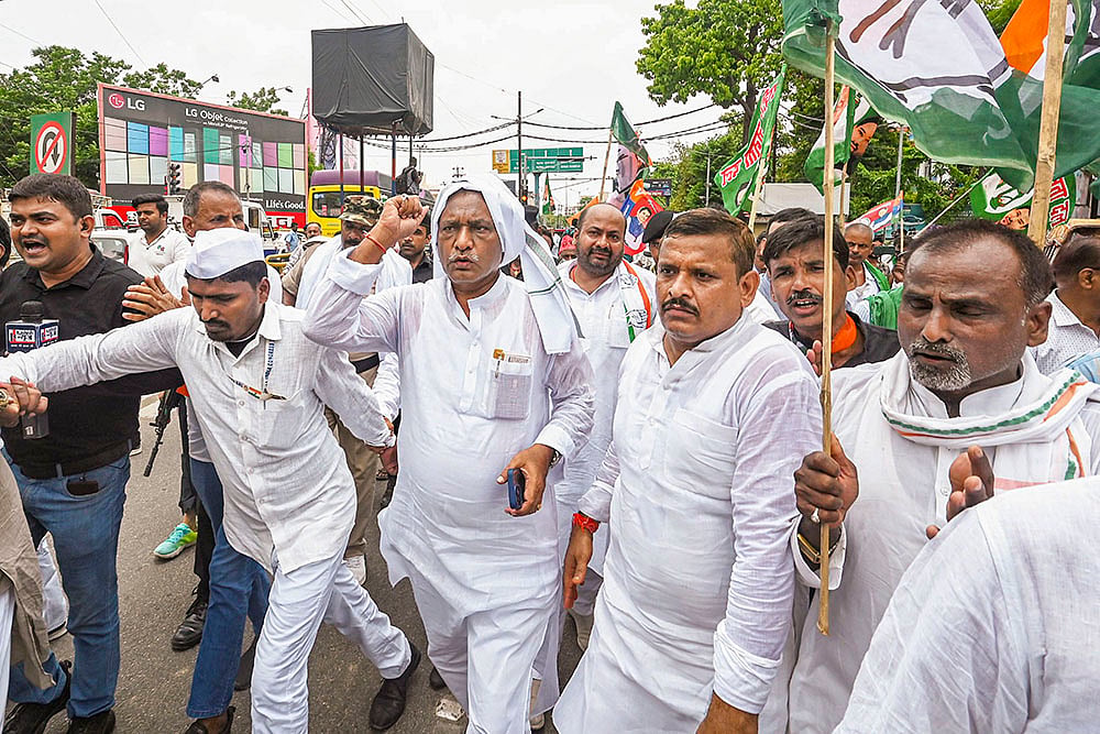 Akhilesh Prasad Singh during INDIA bloc protest in Patna