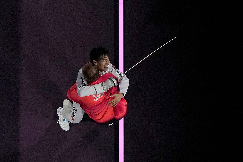 2024 Paris Summer Olympic Games 2024, Day 2_Japans Koki Kano celebrates win in Epee final