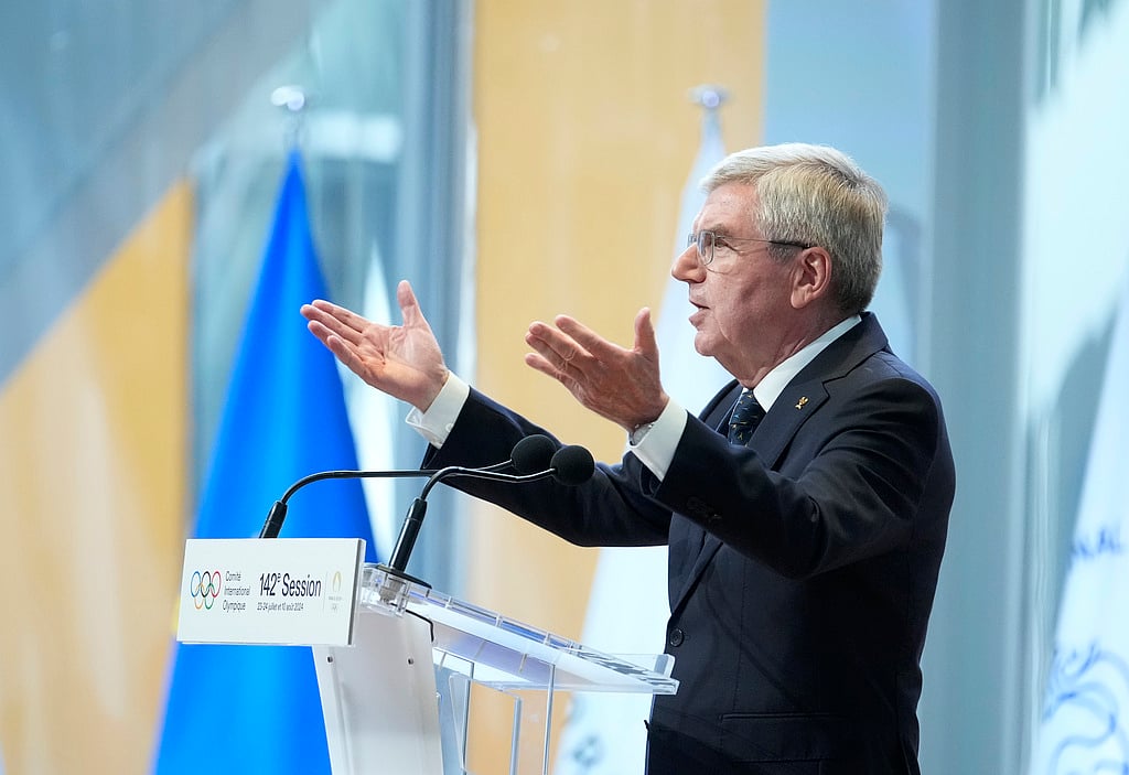 IOC President Thomas Bach speaks during the IOC Session Opening Ceremony at the Louis Vuitton Foundation ahead of the 2024 Summer Olympics, Monday, July 22, 2024, in Paris, France - AP