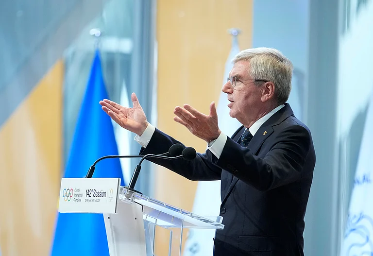 IOC President Thomas Bach speaks during the IOC Session Opening Ceremony at the Louis Vuitton Foundation ahead of the 2024 Summer Olympics, Monday, July 22, 2024, in Paris, France - AP