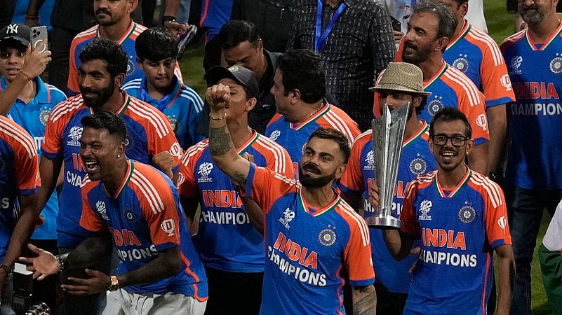 Team India celebrate at Wankhede Stadium, T20 World Cup trophy, Mumbai, AP photo