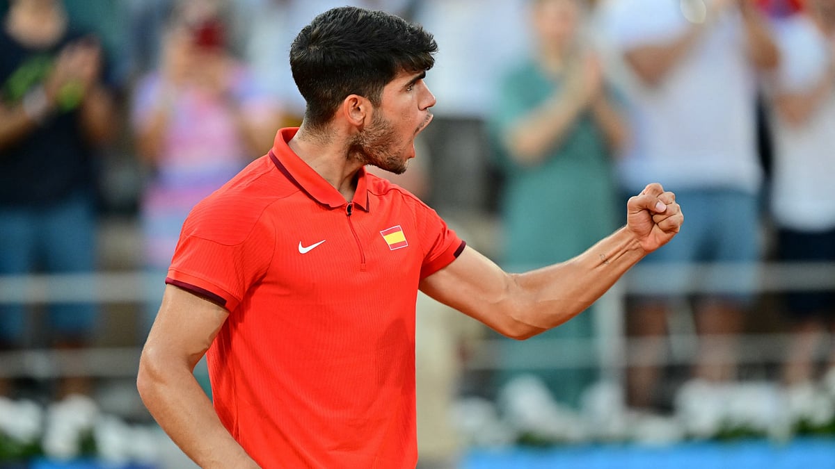 Spain's Carlos Alcaraz in action at Paris 2024