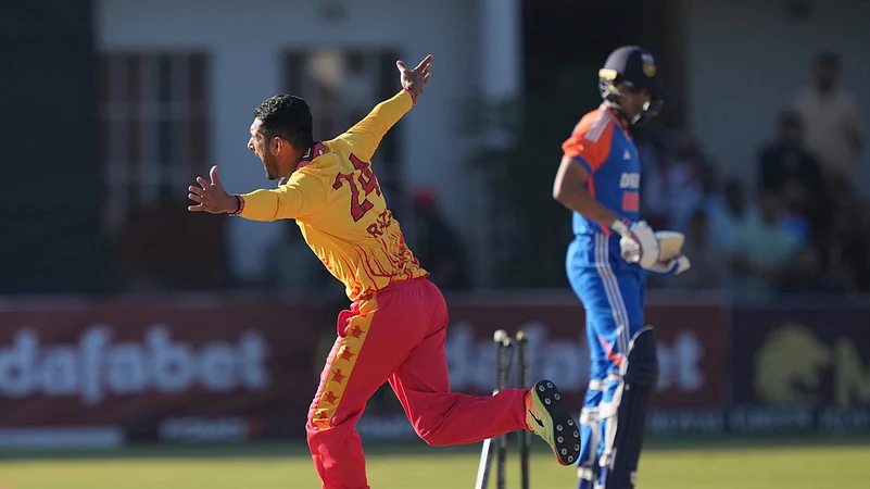 Zimbabwes Sikandar Raza celebrates a wicket during the T20 cricket match against India at Harare Sports club. AP Photo