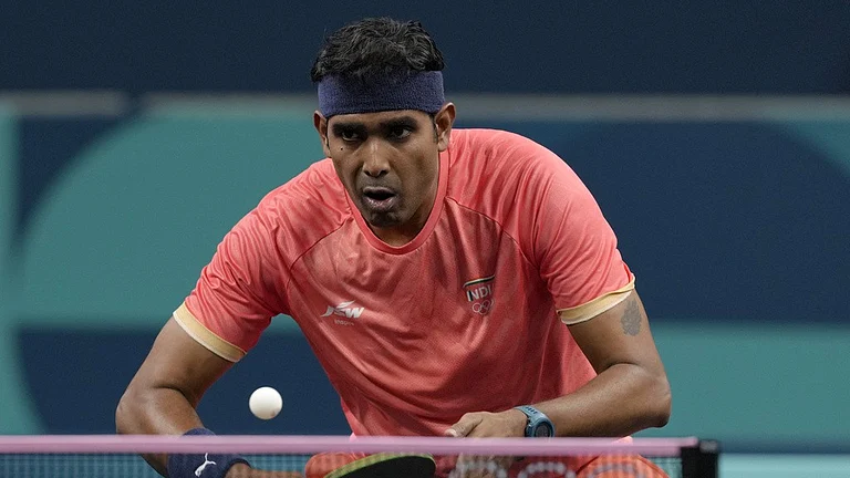 Achanta Sharath Kamal in action during his first-round loss at Paris Olympic Games 2024. - AP