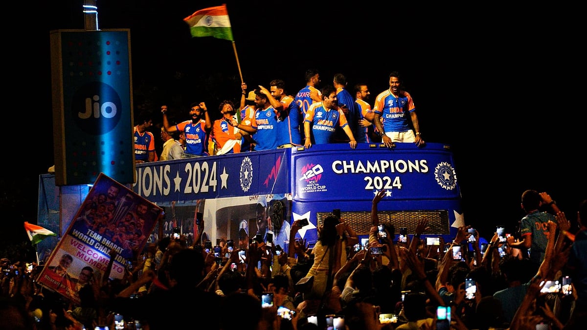 Indian players aboard bus during their victory parade in Mumbai - `Dinesh Parab/Outlook