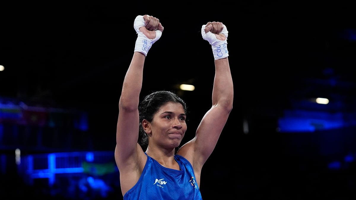 (AP Photo/John Locher) : Indias Zareen Nikhat, reacts after defeating Germanys Maxi Kloetzer, during womens 50kg at the 2024 Summer Olympics, Sunday, July 28, 2024, in Paris, France. 