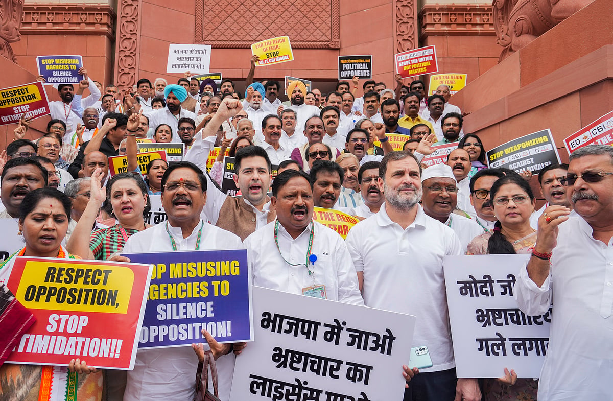 - PTI : Leader of Opposition in the Lok Sabha Rahul Gandhi with other MPs of INDIA bloc stages a protest against the alleged misuse of probe agencies by the central government, during ongoing Parliament session, in New Delhi, Monday, July 1, 2024. 