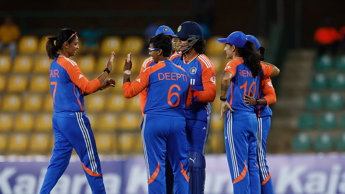 Photo: X/ @BCCIWomen : India women's cricket teammates celebrating after taking the wicket of a Pakistan batter during the Women's T20 Asia Cup 2024.