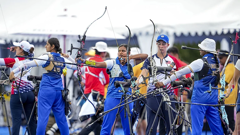 India's women recurve archers (from left) Bhajan Kaur, Ankita Bhakat and Deepika Kumari in action during the women's individual archery ranking round at Paris Olympic Games 2024 on Thursday (July 25). - PTI