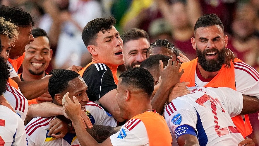 Venezuela's Salomon Rondon, bottom right, is mobbed by teammates after scoring a second half goal during a Copa America Group B soccer match between Jamaica and Venezuela, Sunday, June 30, 2024, in Austin, Texas. - AP/Eric Gay