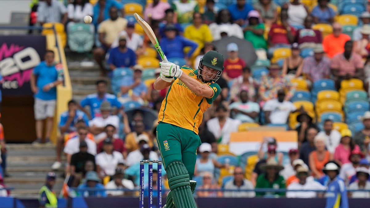 AP Photo/Ramon Espinosa : South Africa's David Miller plays a shot during the ICC Men's T20 World Cup final cricket match between India and South Africa at Kensington Oval in Bridgetown, Barbados.