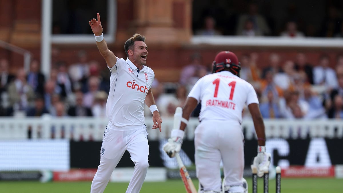 Steven Paston/PA via AP : England's James Anderson celebrates bowling out West Indies' Kraigg Brathwaite on day two of the first Test match between England and West Indies at Lord's Cricket Ground, London.