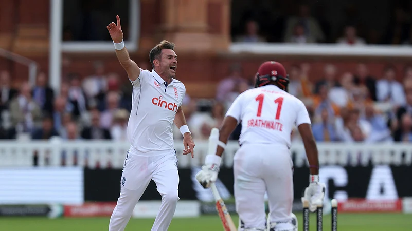 Englands James Anderson celebrates bowling out West Indies Kraigg Brathwaite on day two of the first Test match between England and West Indies at Lords Cricket Ground, London. AP Photo