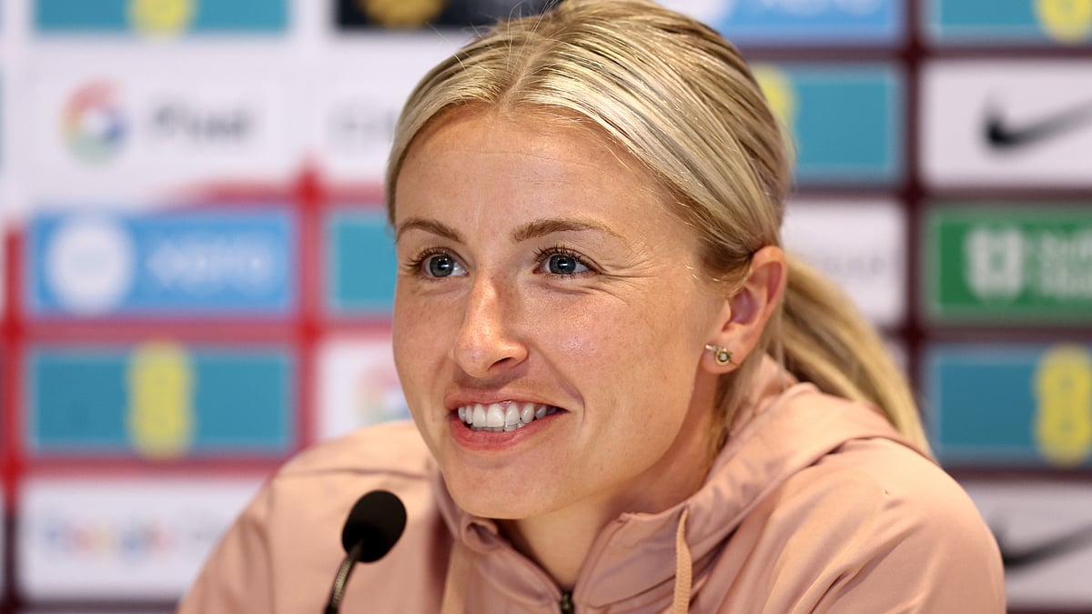 Leah Williamson addresses the media on Monday.