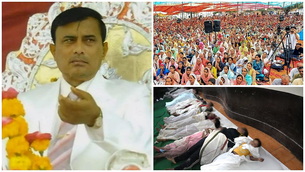 X and PTI   : Clips before the stampede showed people in a large ‘shamiana’, listening to 'Bhole Baba; as he sat before them on a throne-like chair |

