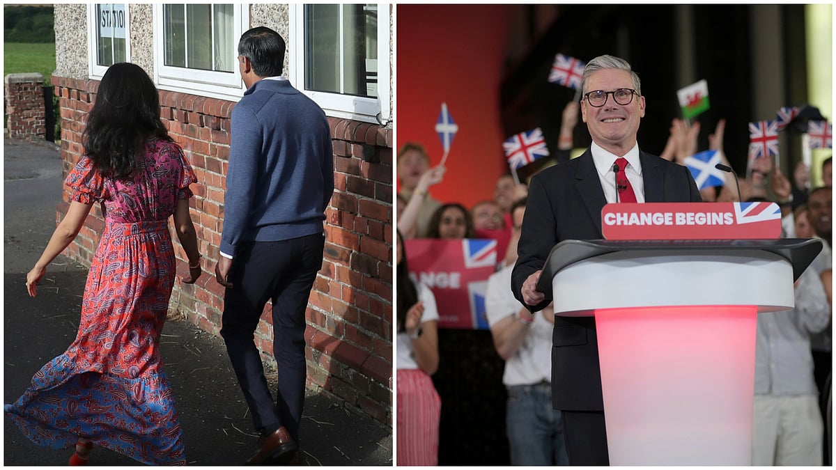 AP : L: Rishi Sunak and wife Akshata Murty exiting a polling booth | R: Labour Party leader Keir Starmer, on course to become next PM

